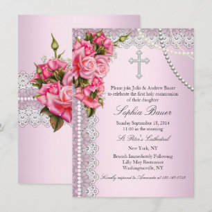 Pink Roses Cross Holy Communion or Baptism Invitation