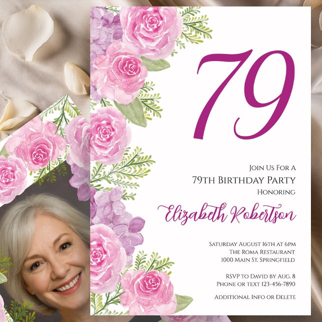 Pink Roses Custom Photo Template 79th Birthday (Creator Uploaded)