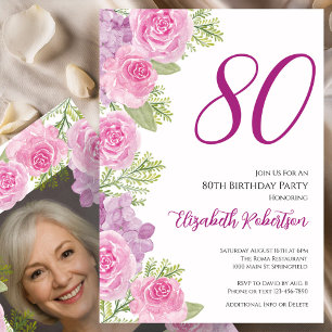 Pink Roses Custom Photo Template 80th Birthday