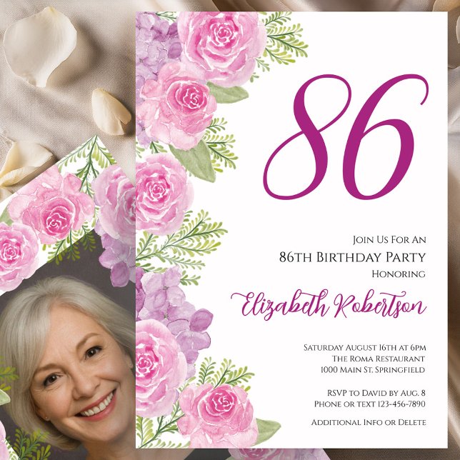 Pink Roses Custom Photo Template 86th Birthday (Creator Uploaded)
