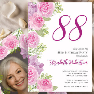Pink Roses Custom Photo Template 88th Birthday