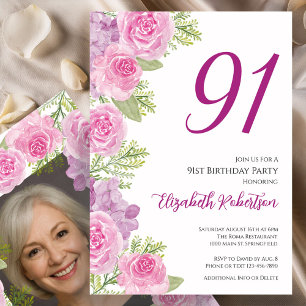 Pink Roses Custom Photo Template 91st Birthday