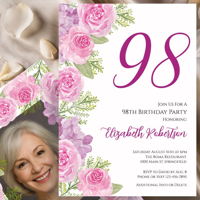 Pink Roses Custom Photo Template 98th Birthday (Creator Uploaded)