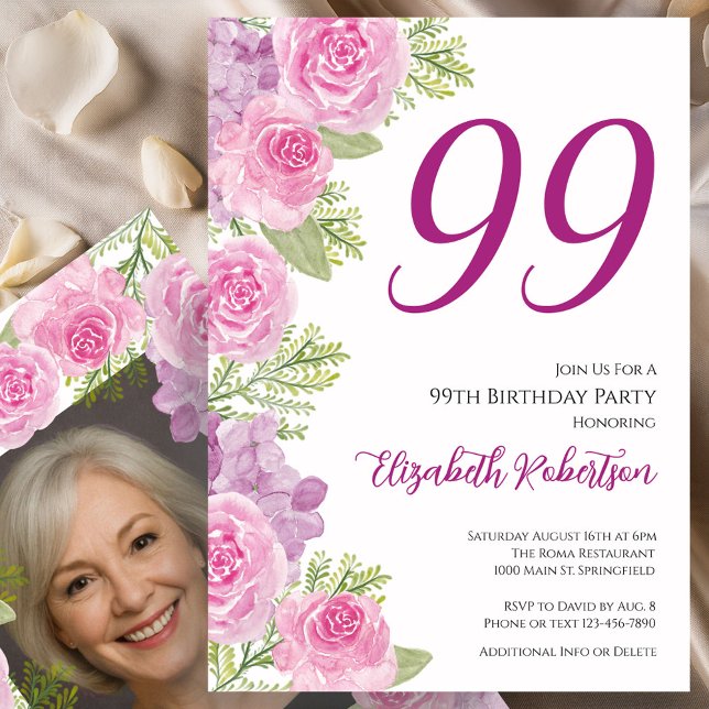 Pink Roses Custom Photo Template 99th Birthday (Creator Uploaded)