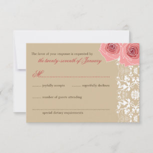 Pink Roses Damask Lace Elegant Wedding RSVP Card