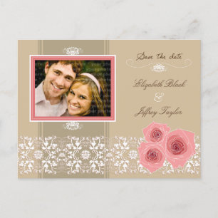Pink Roses Damask Lace Save The Date Postcard