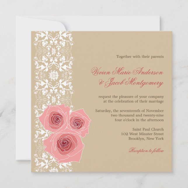 Pink Roses Damask Lace Wedding Invite & Reception (Front)