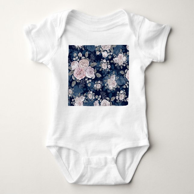 Pink Roses Dark Blue: Vintage Baby Bodysuit (Front)