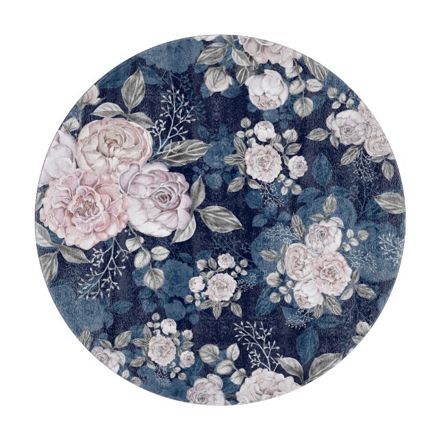 Pink Roses Dark Blue: Vintage Cutting Board (Front)