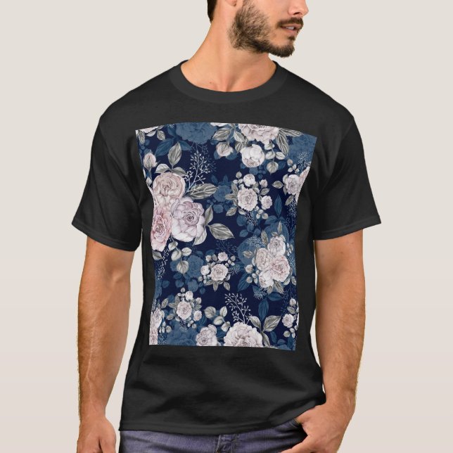 Pink Roses Dark Blue: Vintage T-Shirt (Front)