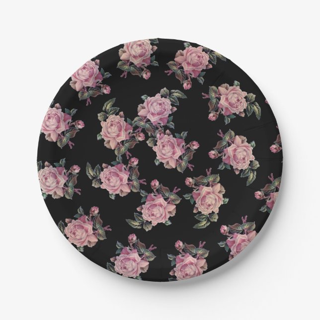 Pink Roses Dark Floral Pattern Shabby Chic Party Paper Plate (Front)