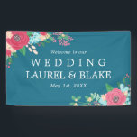 Pink Roses | Deep Blue Welcome to Our Wedding<br><div class="desc">Floral welcome banner for a wedding in a warm deep blue with flower arrangements in pink and bright blue.</div>