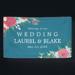 Pink Roses | Deep Blue Welcome to Our Wedding Banner<br><div class="desc">Floral welcome banner for a wedding in a warm deep blue with flower arrangements in pink and bright blue.</div>