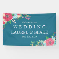 Pink Roses | Deep Blue Welcome to Our Wedding