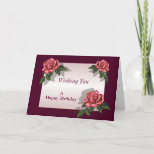 Pink Roses: Deep Pink Border: Birthday or Other Card