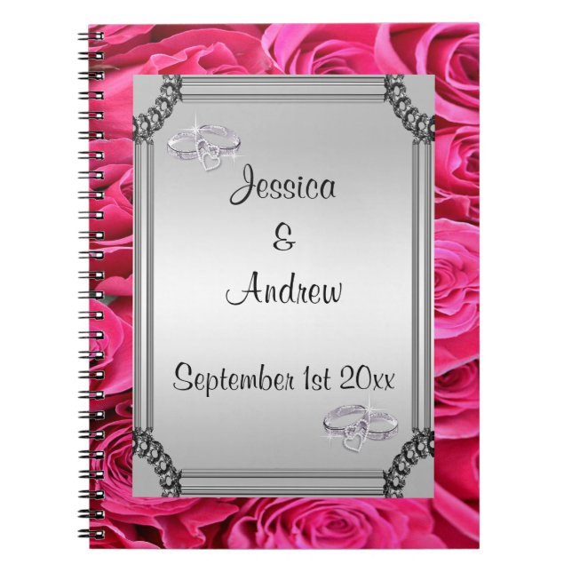 Pink Roses & Diamond Wedding Rings Guest Book (Front)