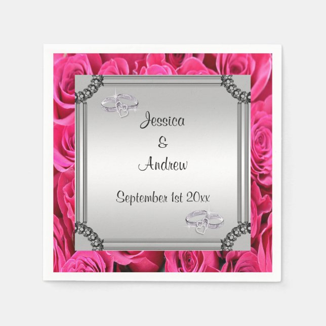 Pink Roses & Diamond Wedding Rings Napkin (Front)