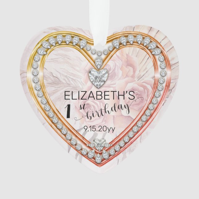 Pink Roses |Diamonds 1st Birthday Keepsake Ornamen Ornament (Front)