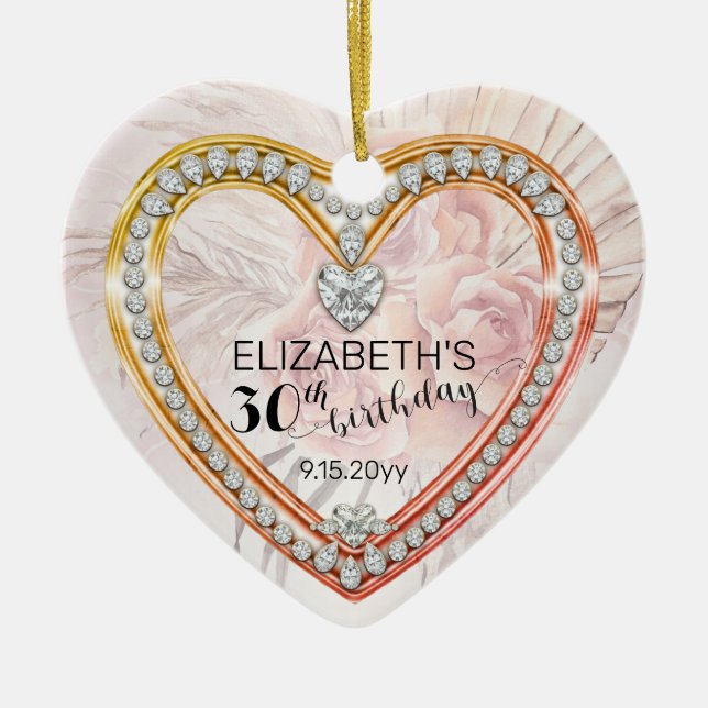 Pink Roses |Diamonds 30th Birthday Keepsake Ceramic Tree Decoration (Front)