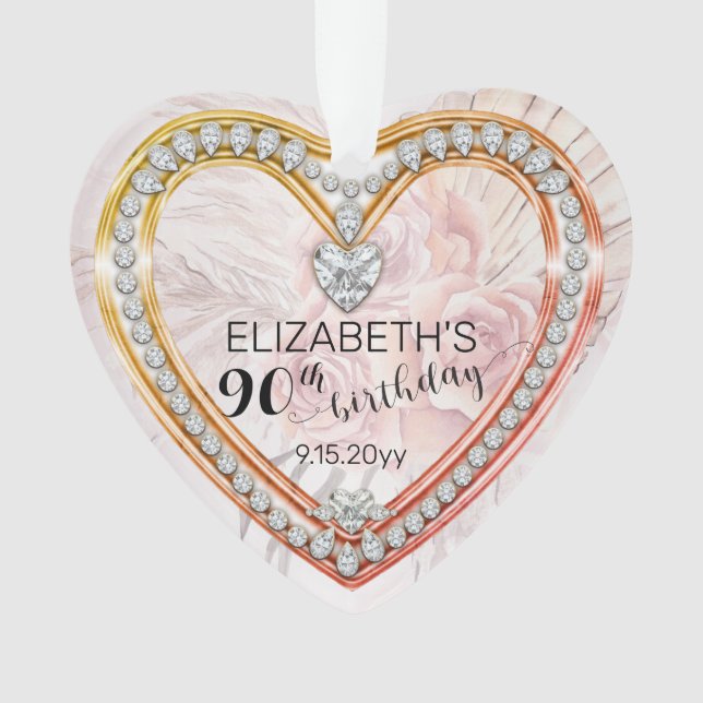 Pink Roses |Diamonds 90th Birthday Keepsake Ornament (Front)