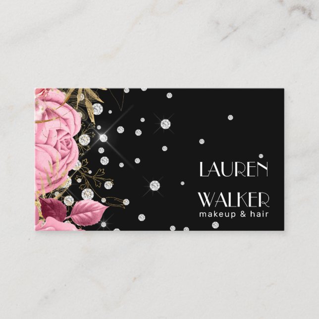 pink roses diamonds elegant beautician business card (Front)