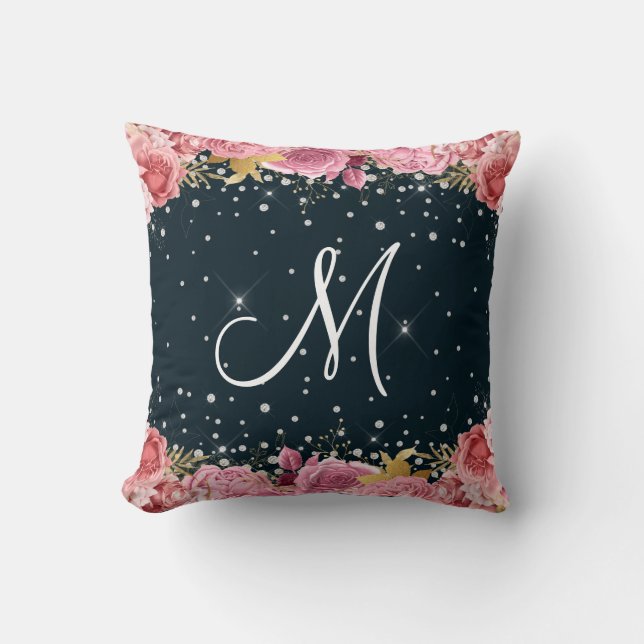pink roses diamonds sophisticated monogram cushion (Front)