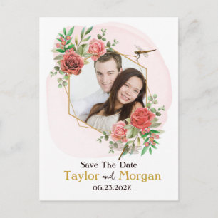 Pink Roses & Dragonfly Photo Save the Date Postcard