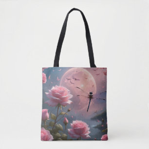 Pink Roses & Dragonfly Tote Bag