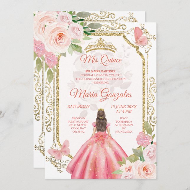 Pink Roses & Dress Charra Mis Quince Invitation (Front/Back)