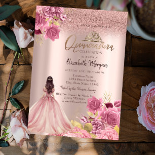 Pink Roses Dress Glitter Rose Gold  Quinceañera Invitation