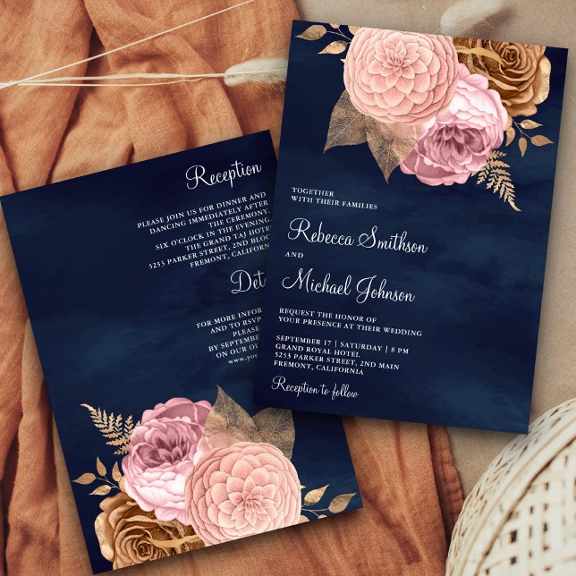 Pink Roses Earthy Floral Navy All in One Wedding Invitation (Creator Uploaded)