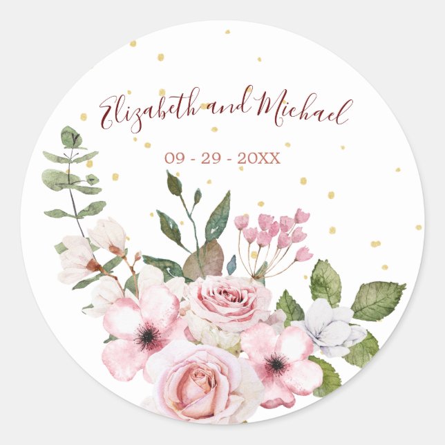 Pink Roses Elegant Floral Wedding   Classic Round Sticker (Front)