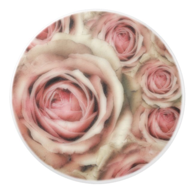 Pink Roses Elegant Shabby Chic Floral Farmhouse Ceramic Knob (Front)
