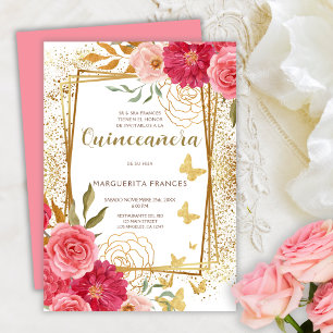Pink Roses Elegant Spanish Quinceañera Mis Quince  Invitation