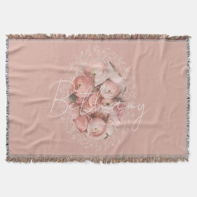 Pink Roses Elegant Vintage Personalized Monogram Throw Blanket (Front)