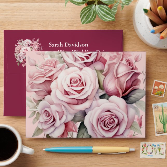 Pink Roses Elegant Wedding Envelopes (Desk)