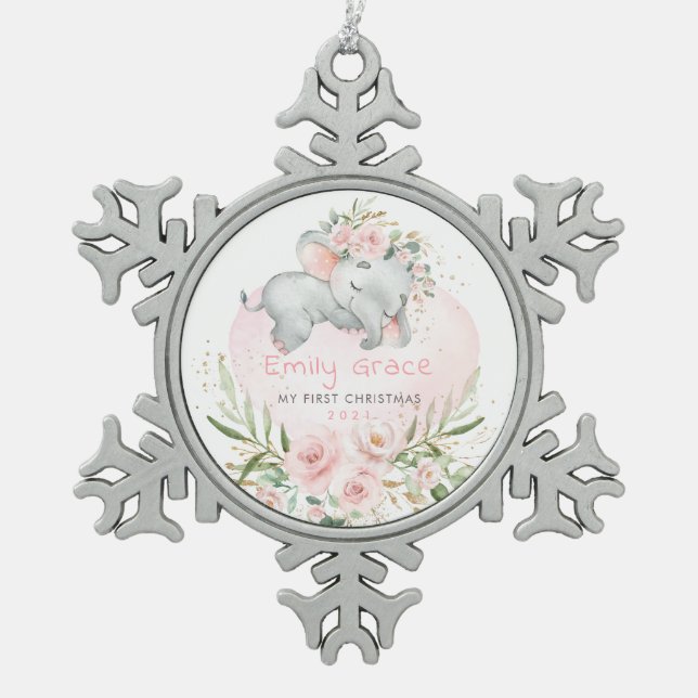 Pink Roses Elephant Baby 1st First Christmas Snowflake Pewter Christmas Ornament (Front)