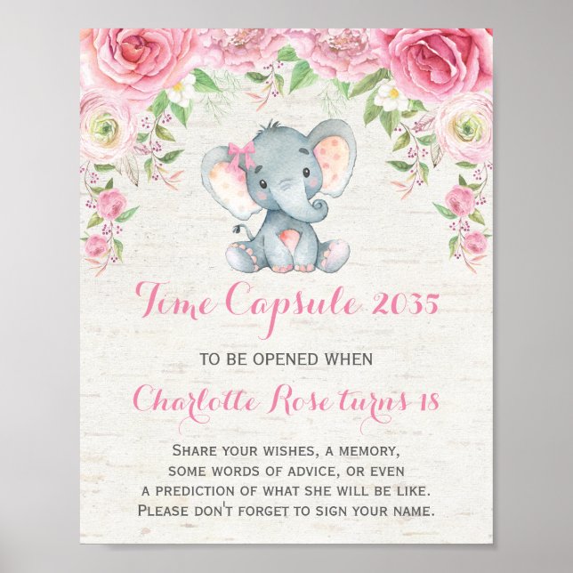 Pink Roses Elephant Time Capsule 1st Birthday Sign (Front)