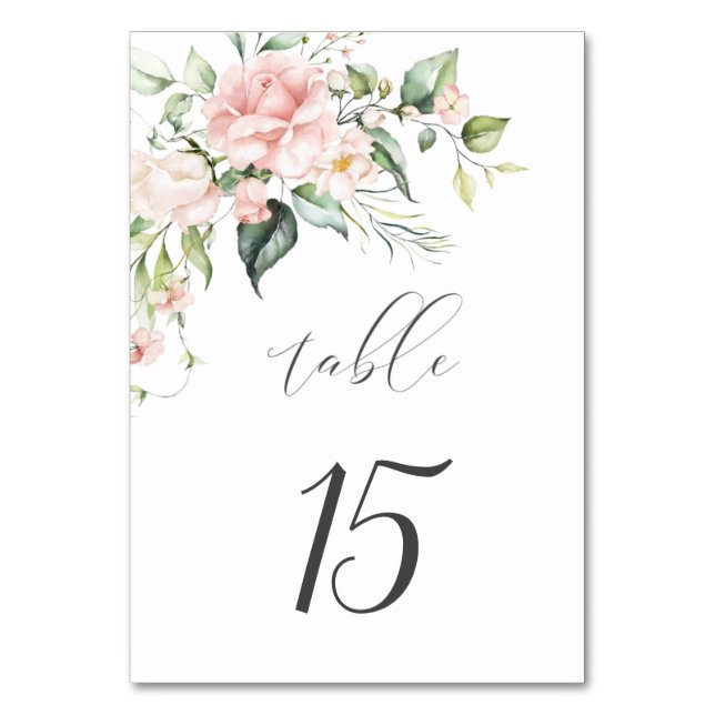 Pink Roses Eucalyptus Botanical Wedding Table Number (Front)