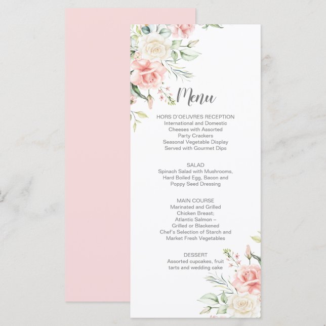Pink Roses, Eucalyptus, Greenery Wedding Menu (Front/Back)