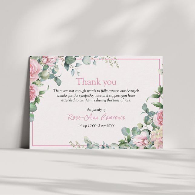 Pink roses eucalyptus leaves floral frame funeral thank you card (Creator Uploaded)