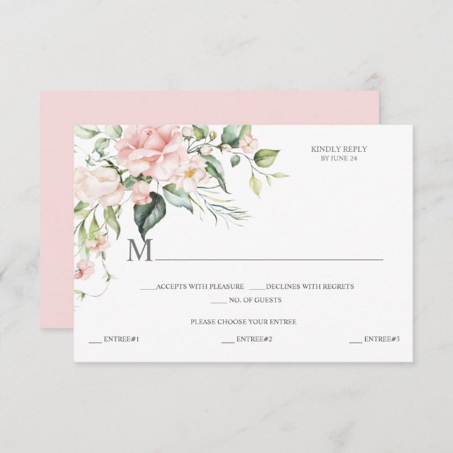 Pink Roses Eucalyptus Meal Selection Pink Back RSVP Card (Front/Back)