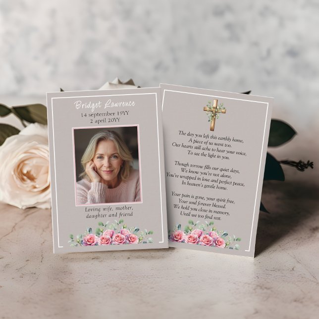 Pink roses & eucalyptus memorial photo prayer card (Creator Uploaded)