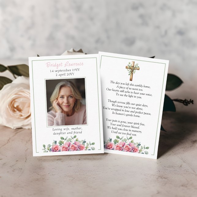 Pink roses & eucalyptus memorial photo prayer card (Creator Uploaded)