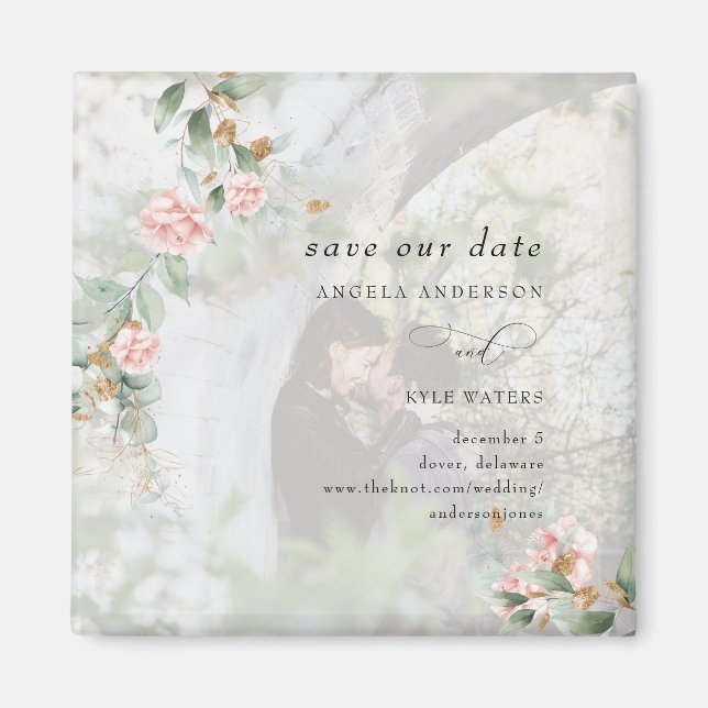  Pink Roses Eucalyptus Photo Save the Date Magnet (Front)