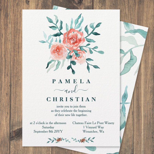 Pink Roses, Eucalyptus Winter Wedding Invitation (winter light pink light eucalyptus green leaves wedding invitations floral pink bouquet watercolor)