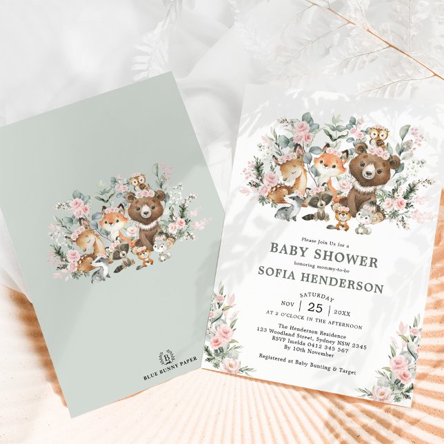 Pink Roses Eucalyptus Woodland Animals Baby Shower Invitation (Creator Uploaded)