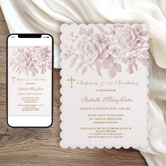 Pink Roses Faux Embossed Baptism 1st Birthday Girl Invitation