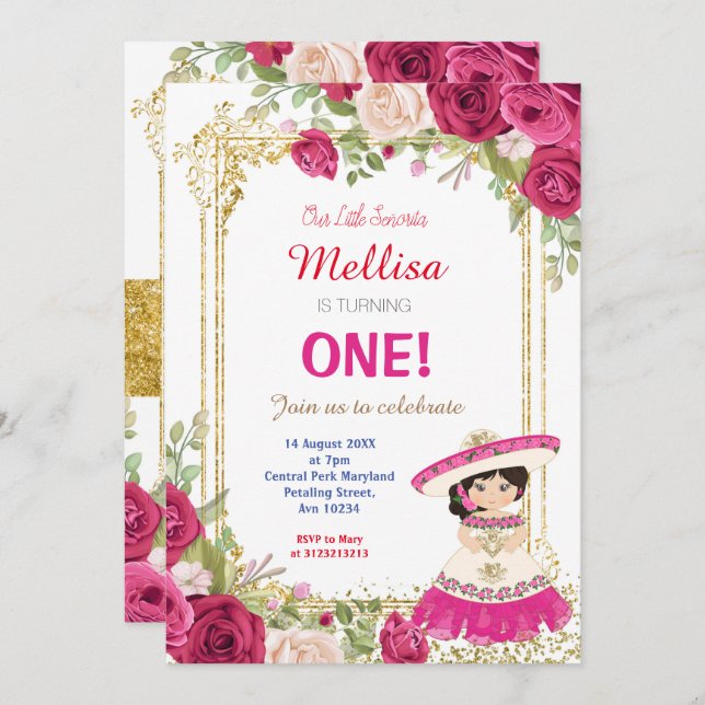 Pink Roses Fiesta Birthday Party Invitation (Front/Back)