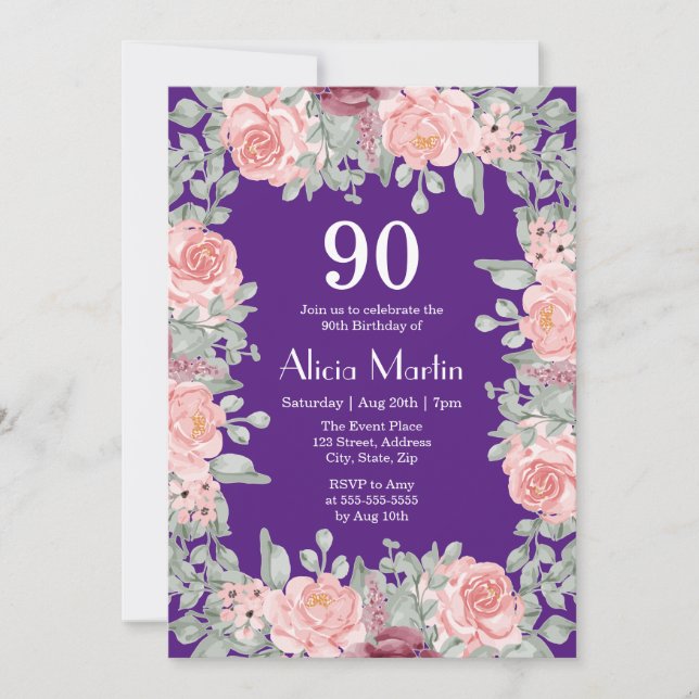 Pink Roses Flora Greenery Purple 90th Birthday Invitation (Front)